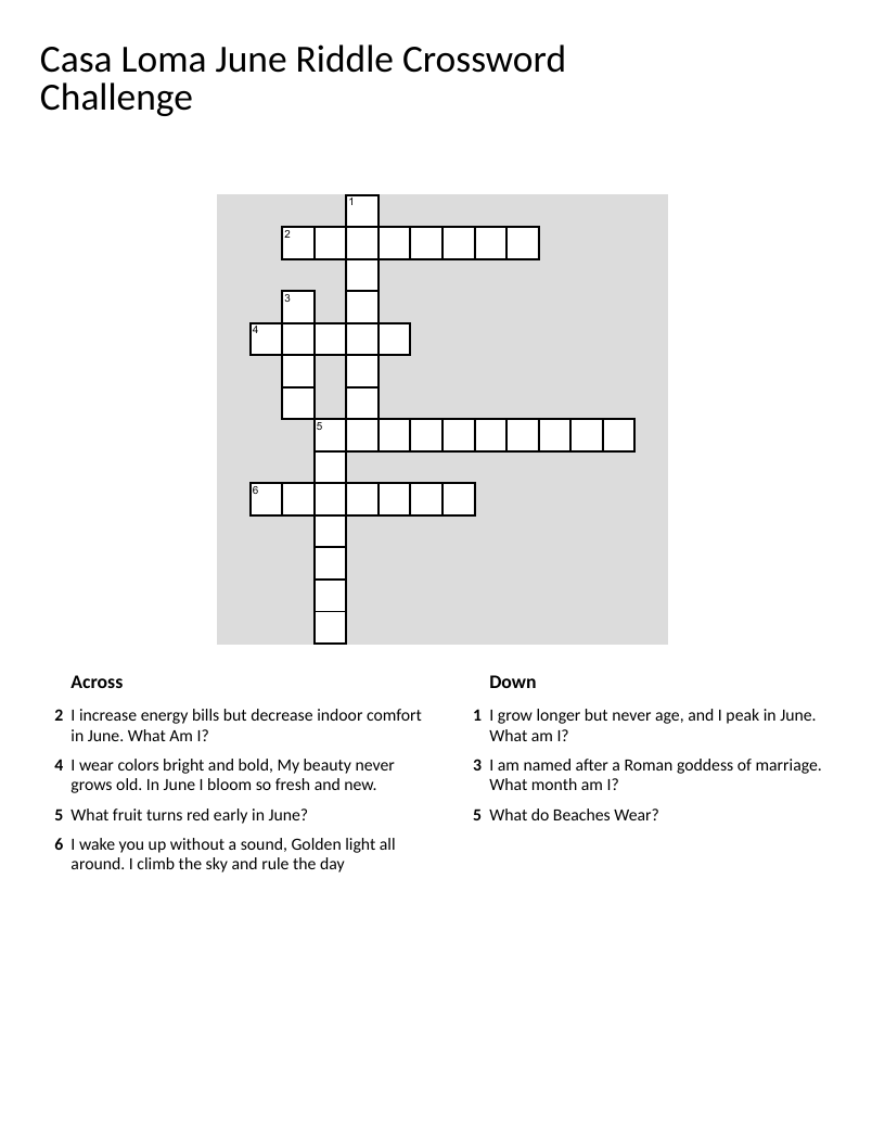 June riddle crossword with clues about strawberries, tulips, and daylight.