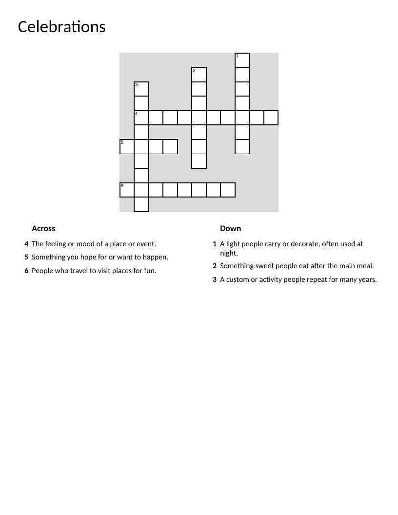 Celebrations crossword puzzle with holiday and tradition vocabulary.