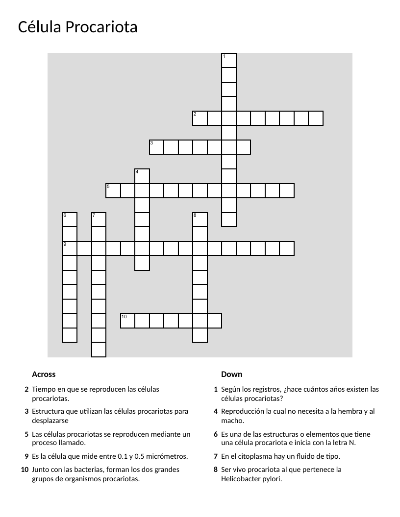 Prokaryotic cells science crossword in Spanish with bacteria, flagella, and binary fission.