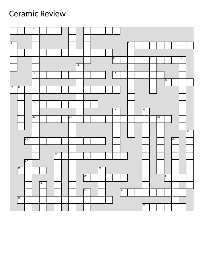 Ceramics crossword with pottery vocabulary, clay stages, hand-building techniques, and kiln firing.