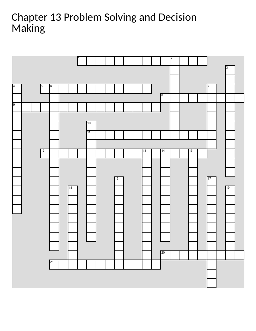 Problem-solving and decision-making crossword with brainstorming, consensus, and thinking styles.