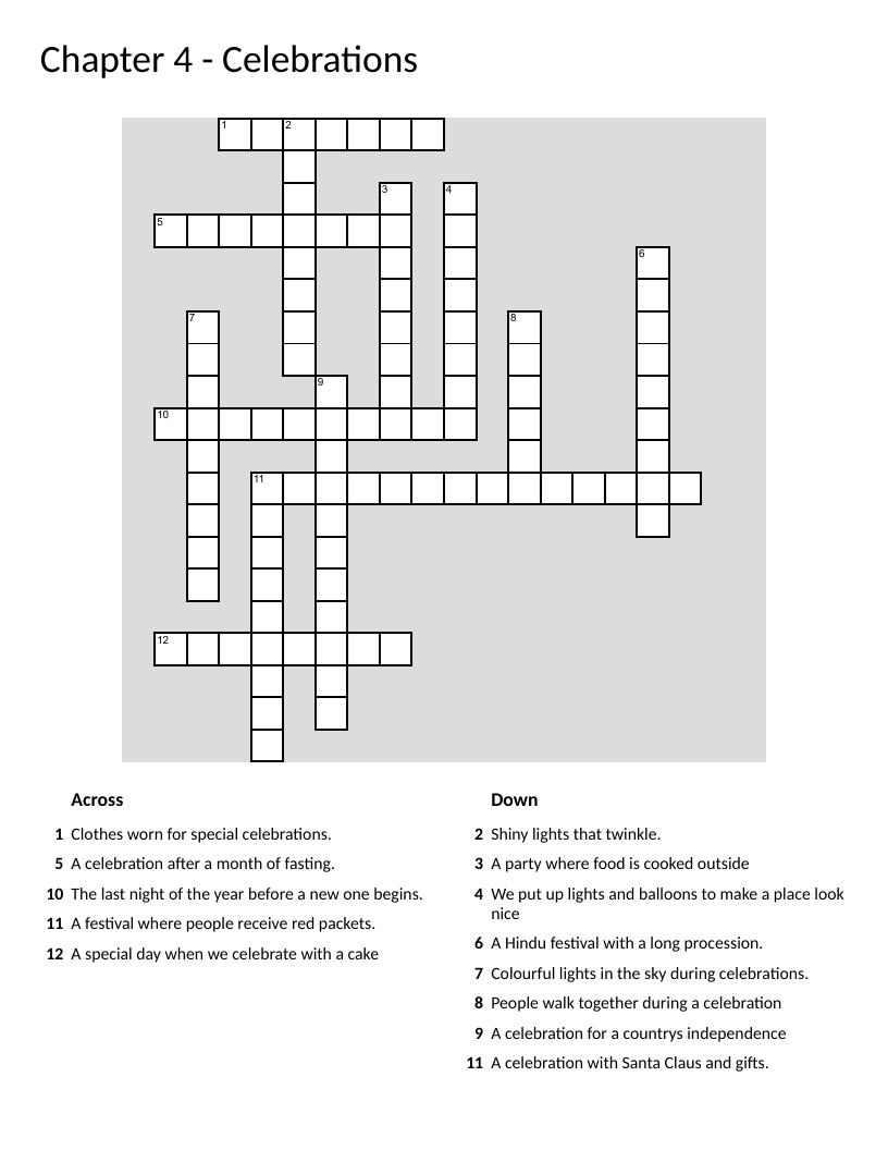 Celebrations crossword with Christmas, fireworks, parades, and cultural festivals.