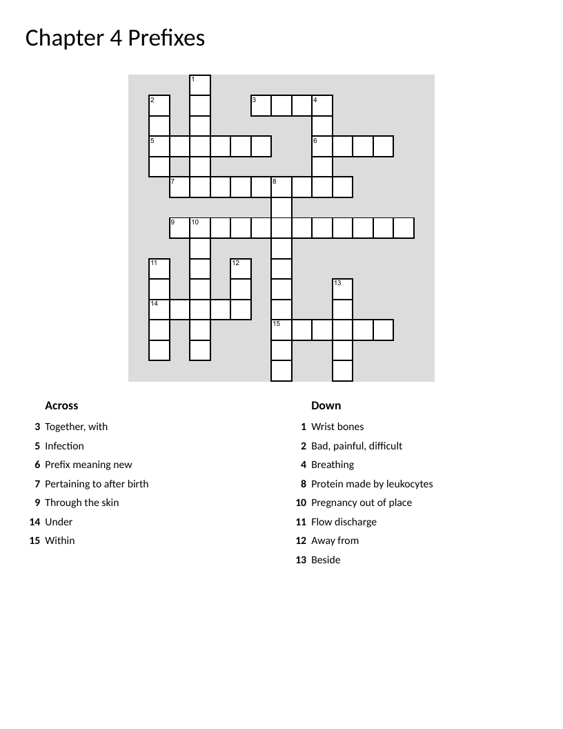 Prefixes crossword puzzle with medical terminology and word roots.