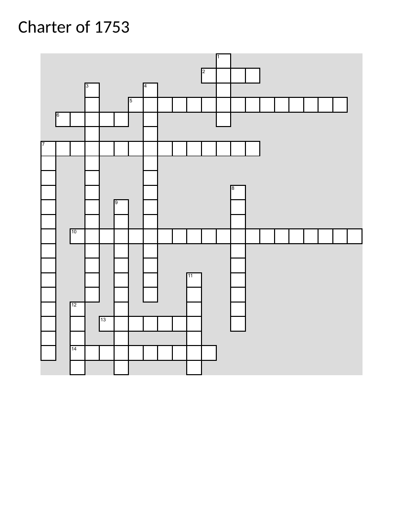 Charter of 1753 crossword covering colonial courts, judicial independence, and indigenous law.