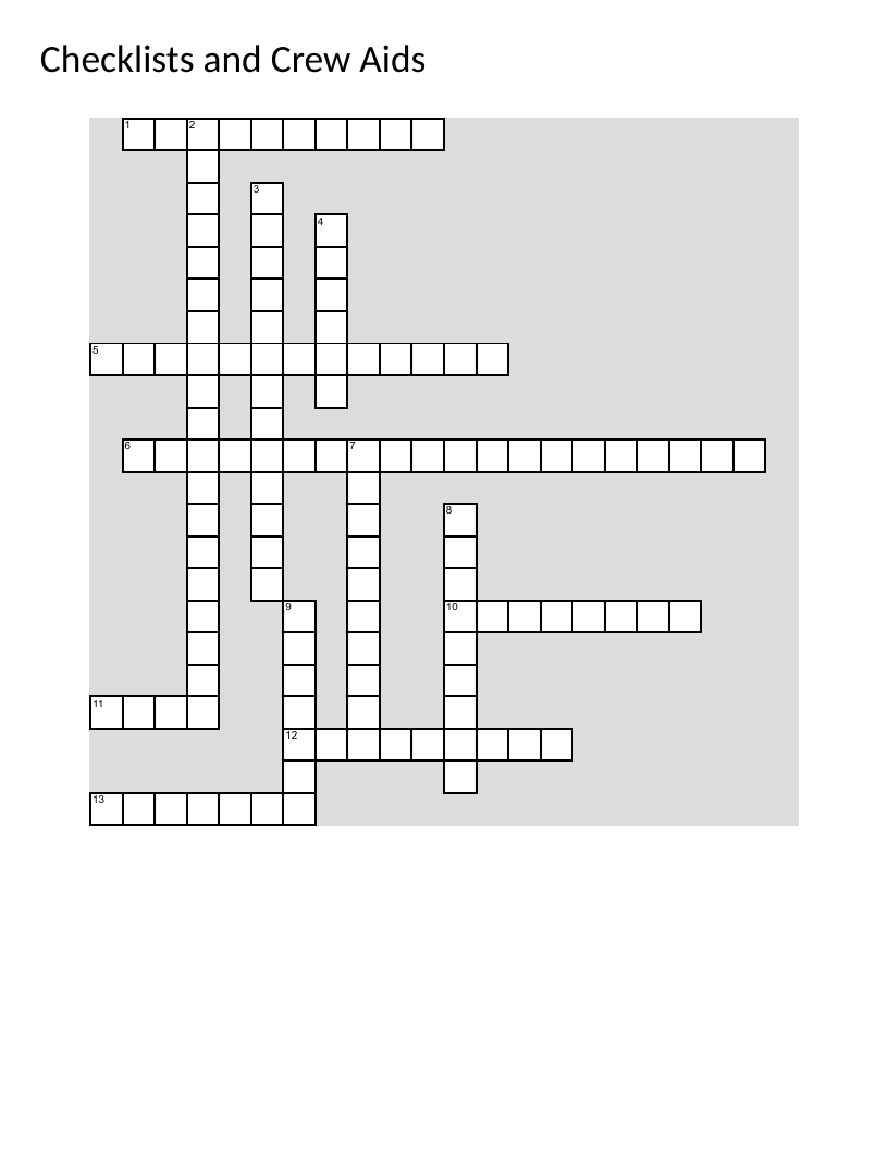 Aviation training crossword with emergency procedures, checklists, and crew operations.