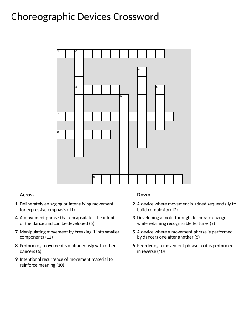 Choreographic devices crossword with dance composition terms.