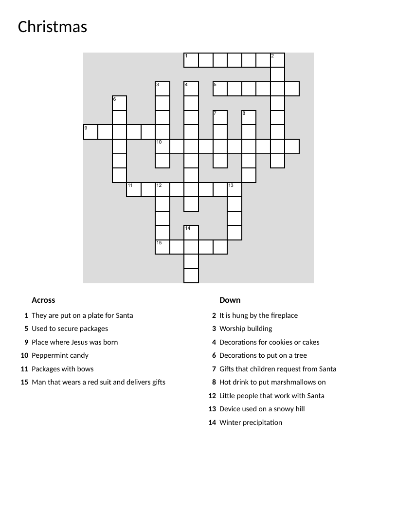 Christmas crossword with Santa, presents, cookies, and snow.