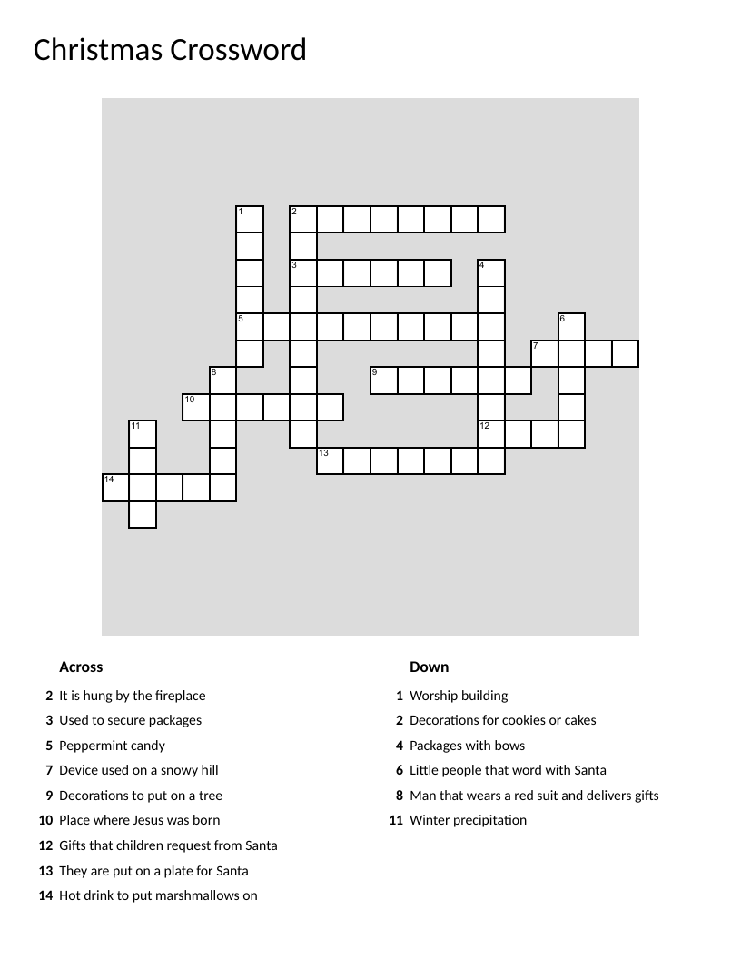 Christmas crossword puzzle with Santa, stockings, candy canes, and holiday traditions.