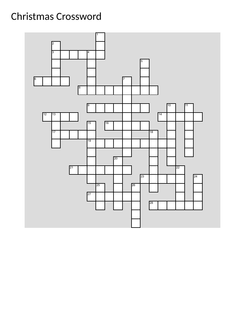 Christmas crossword puzzle with Nativity and general-knowledge clues.