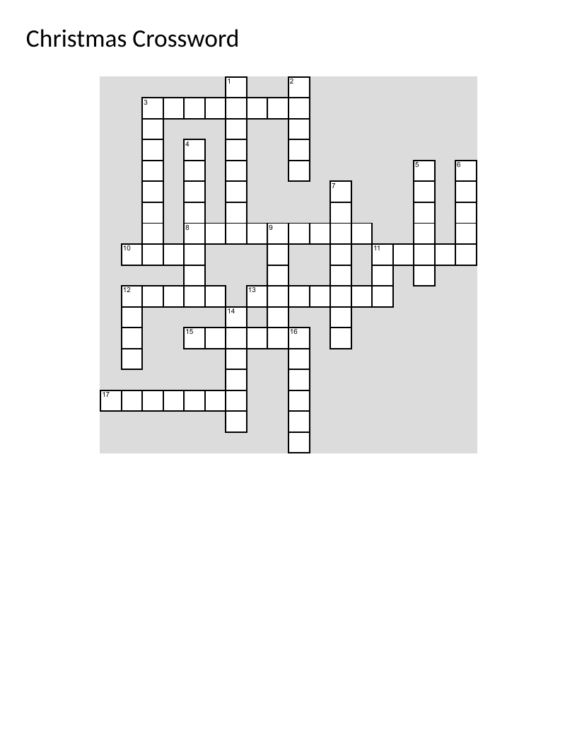 Christmas crossword puzzle with holiday words like Santa, tree, ornaments, and mistletoe.