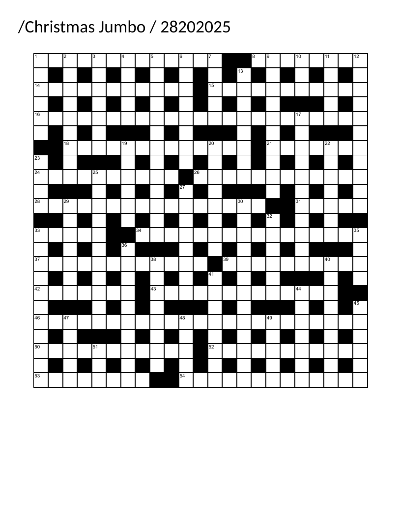 Christmas jumbo crossword puzzle with holiday films, carols, and festive trivia.