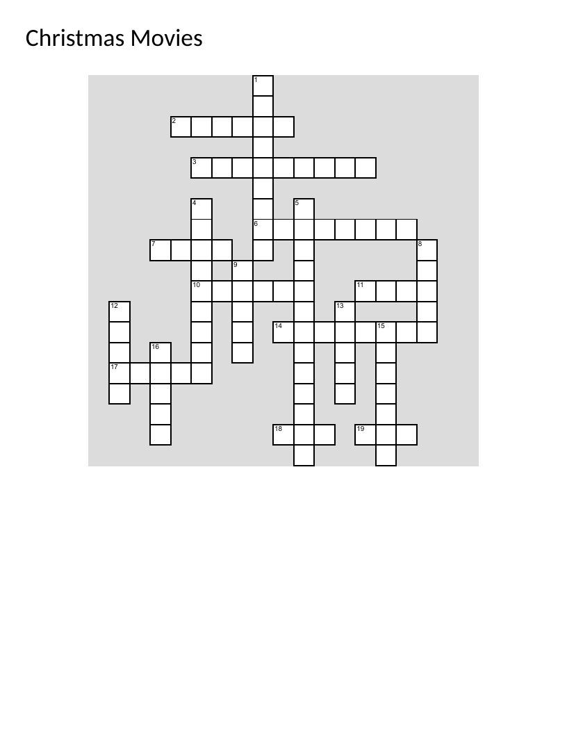 Christmas movies trivia crossword with characters Olaf, Buddy the Elf, and Frosty.