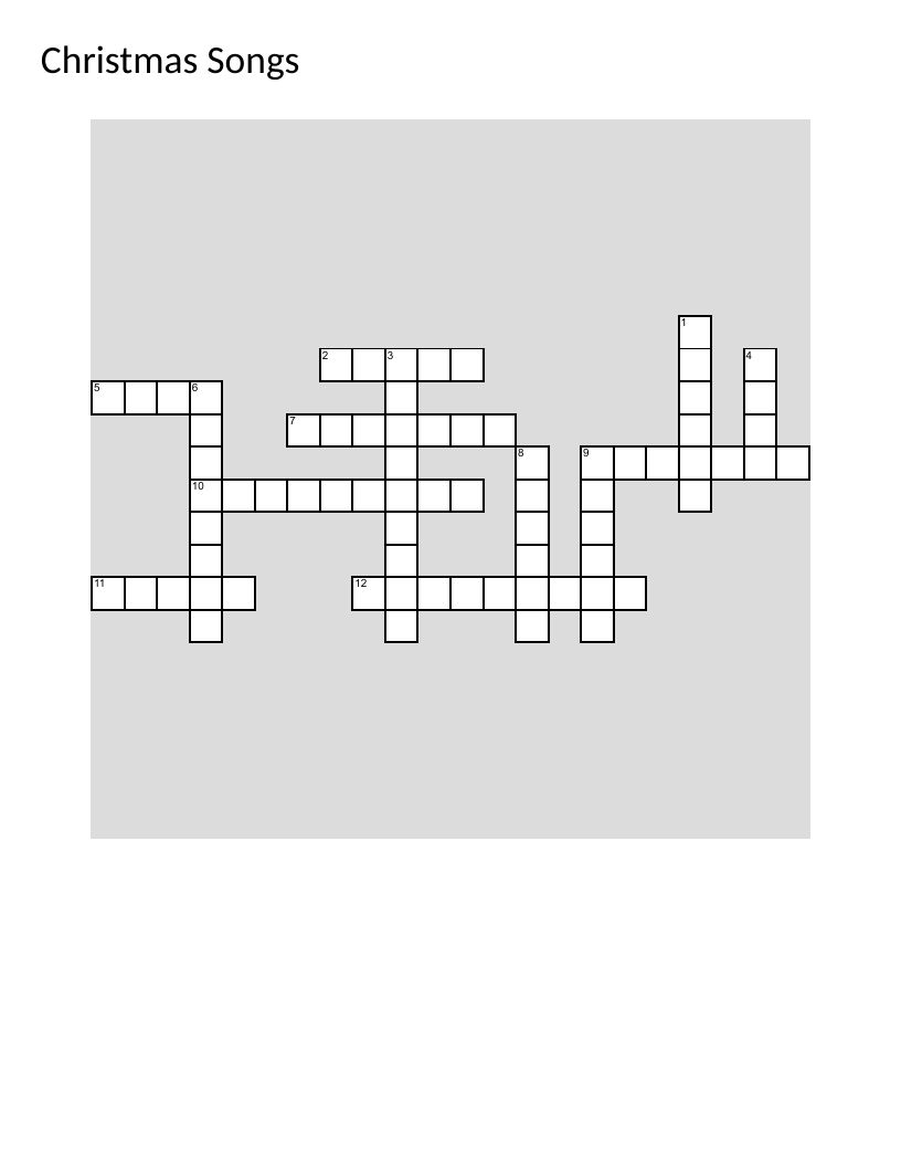 Christmas songs crossword with lyrics from holiday classics like Frosty and Rudolph.