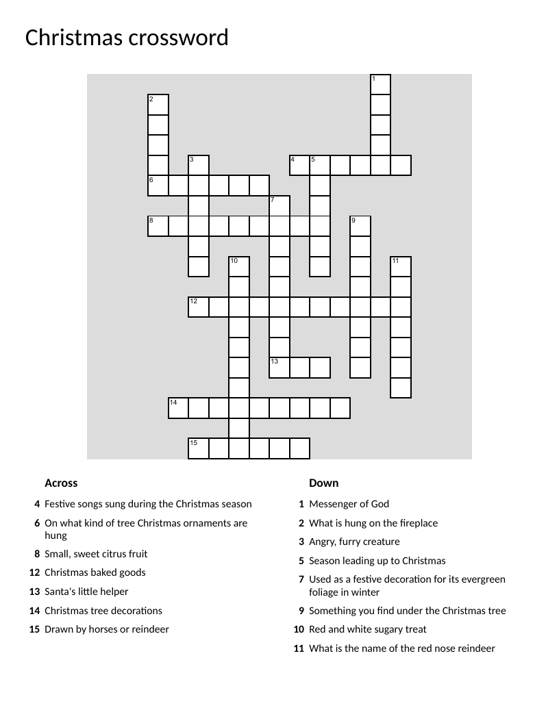 Christmas crossword with Santa, reindeer, carols, and holiday decorations.