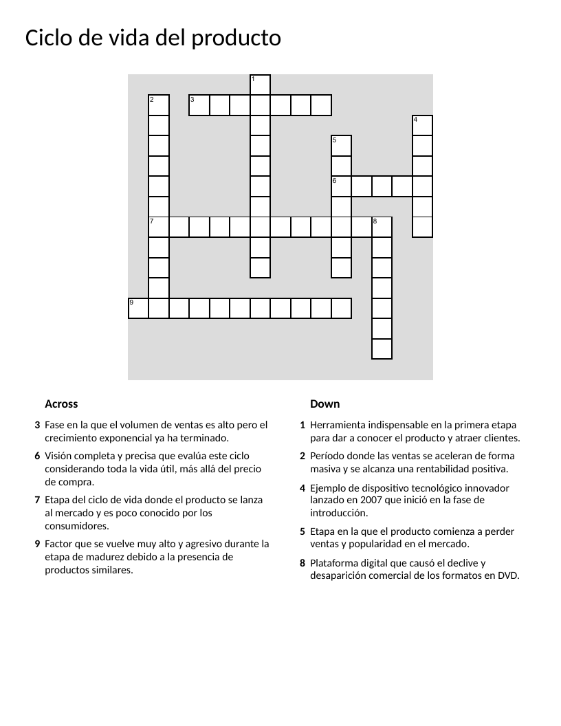 Product life cycle crossword in Spanish with economics and business vocabulary.