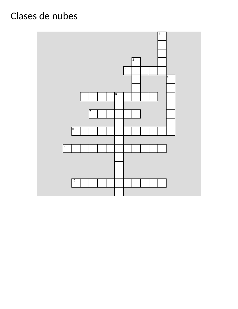 Cloud types crossword in Spanish with cirrus, cumulonimbus, and stratus formations.