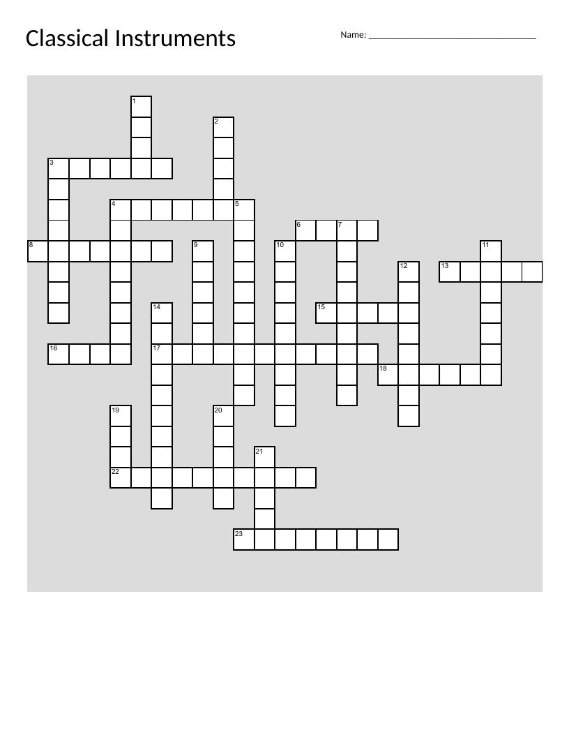 Classical instruments crossword with vocabulary like trumpet, violin, timpani, and tuba.