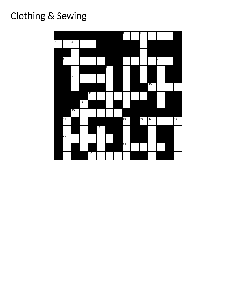 Clothing and sewing crossword with seam, stitch, drape, and vintage.
