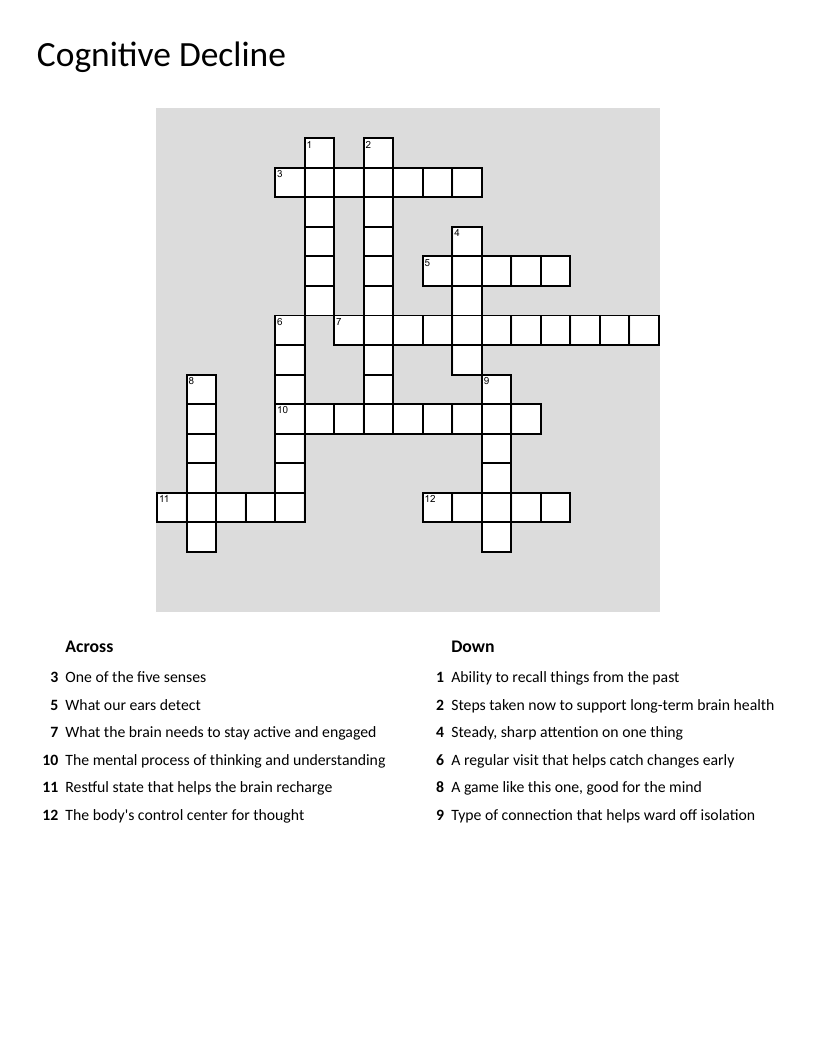 Cognitive health crossword with brain function, memory, sleep, and prevention vocabulary.