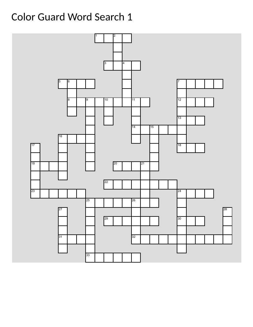 Color guard crossword with flag techniques, dance moves, and marching band vocabulary.