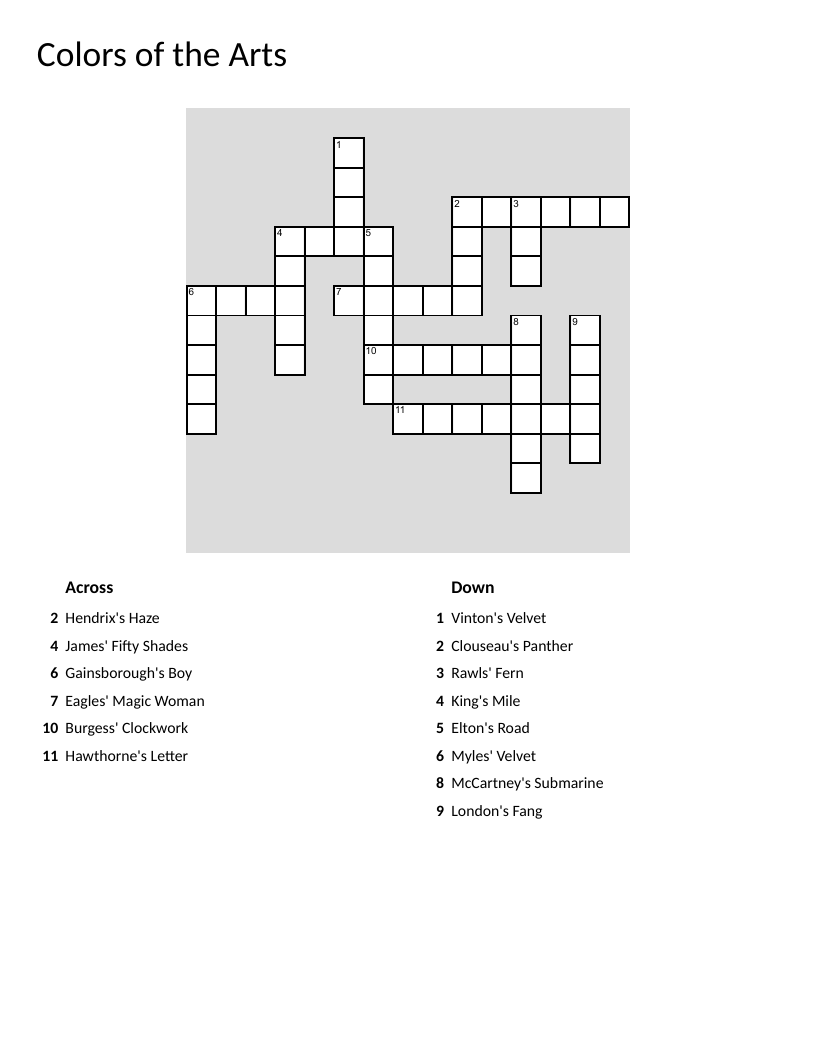 Colors crossword puzzle with famous book and music titles like Scarlet Letter and Yellow Submarine.