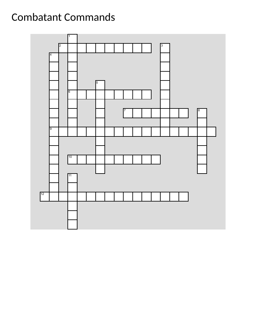 Crossword puzzle about U.S. military combatant commands and Department of Defense.