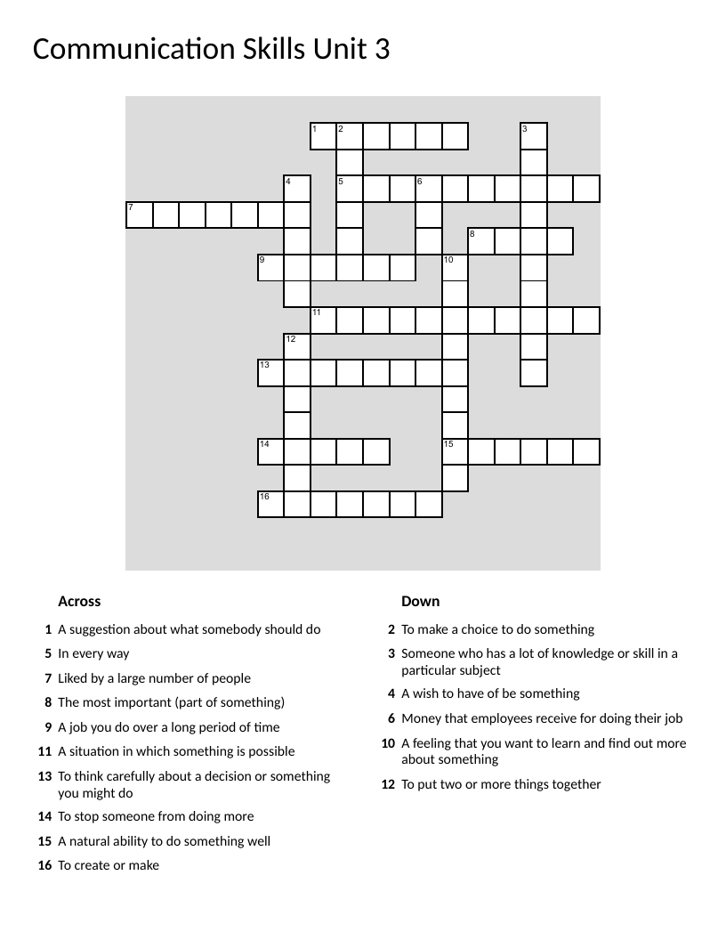 Communication skills crossword with words like career, talent, opportunity, and interests.