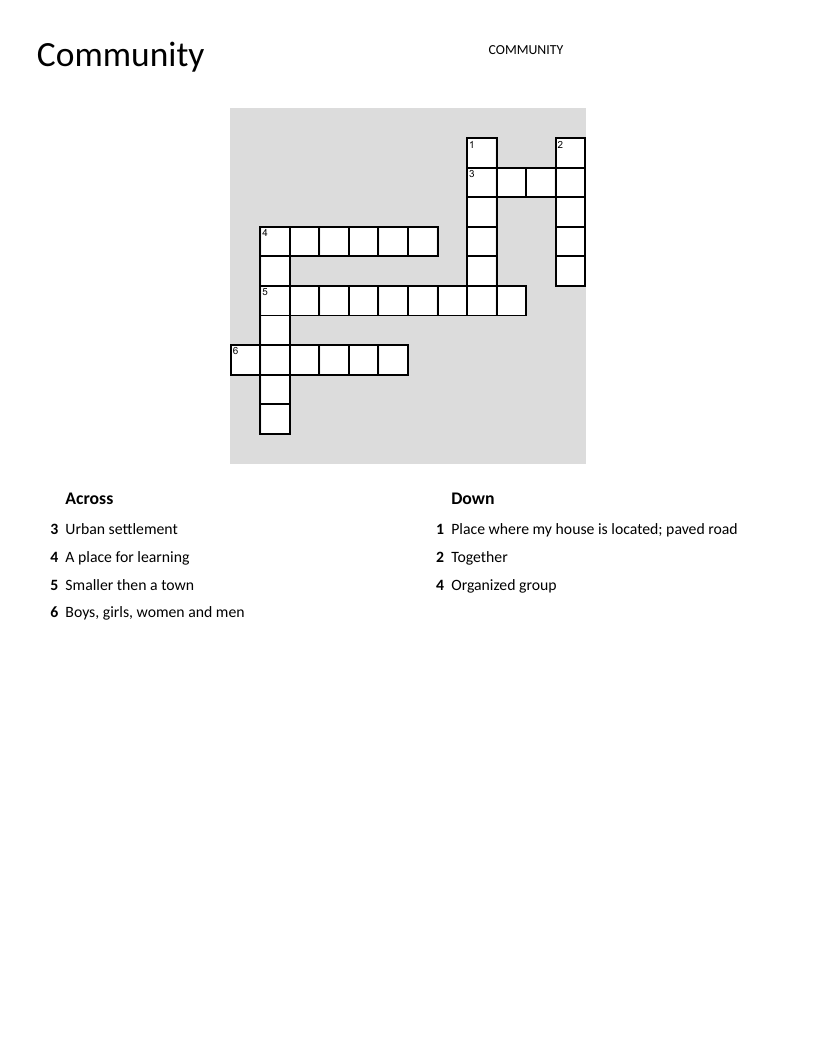 Community crossword for elementary students with words like town, school, and people.