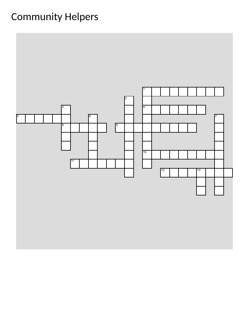 Community helpers crossword with words like firefighter, barber, nurse, and leader.