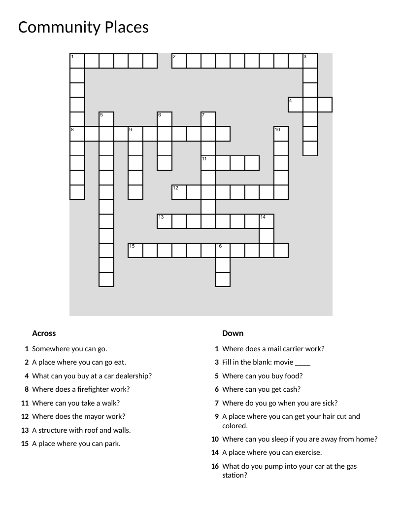 Community places crossword with fire station, hospital, bank, and restaurant vocabulary.