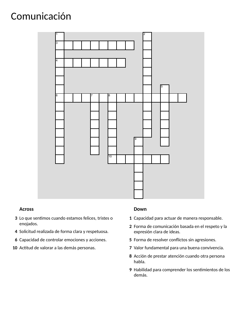 Spanish crossword about communication, empathy, and respect for social-emotional learning.