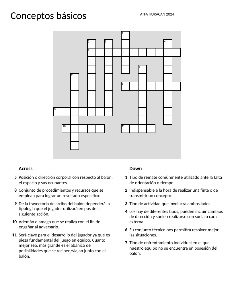 Spanish soccer fundamentals crossword with vocabulary like passing, dribbling, and technique.