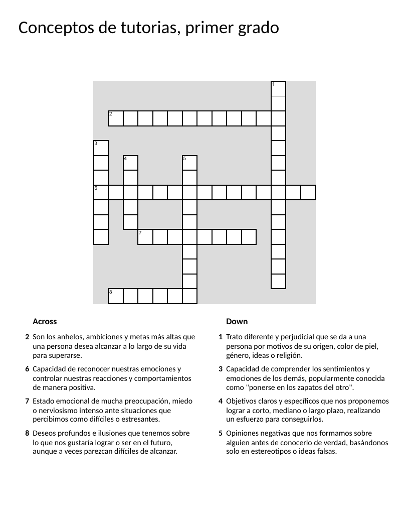 Spanish social-emotional learning crossword with words like empathy, aspirations, and self-regulation.
