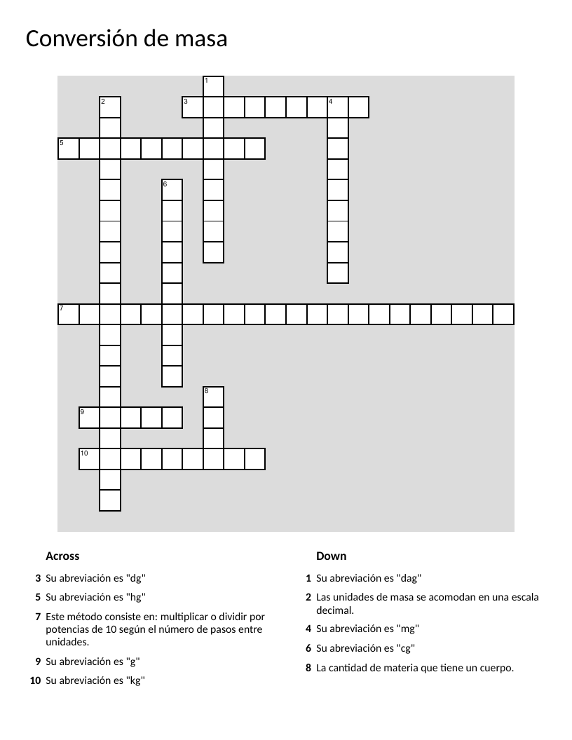 Spanish mass conversion crossword with metric units like gram, kilogram, and milligram.