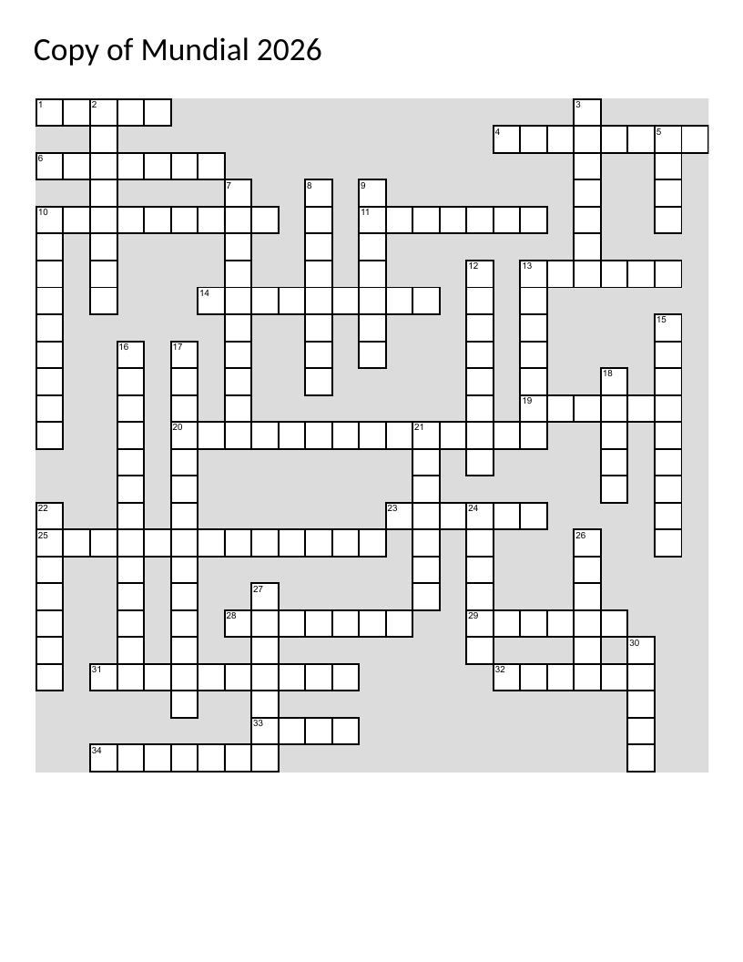 World geography crossword with countries, capitals, and World Cup nations.
