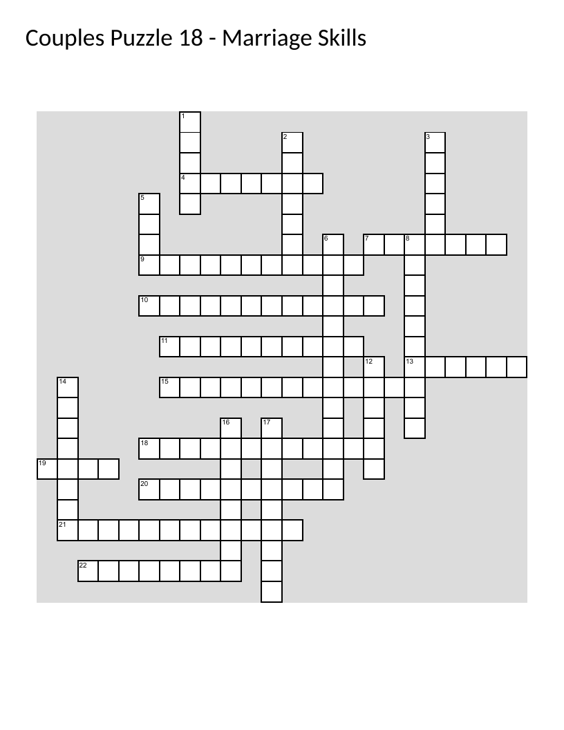 Marriage skills crossword with vocabulary on communication, trust, compromise, and patience.