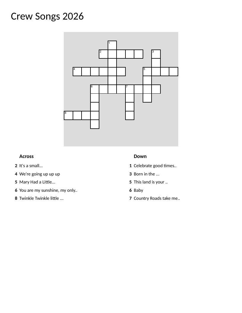 Popular songs crossword with nursery rhymes and familiar children's songs.
