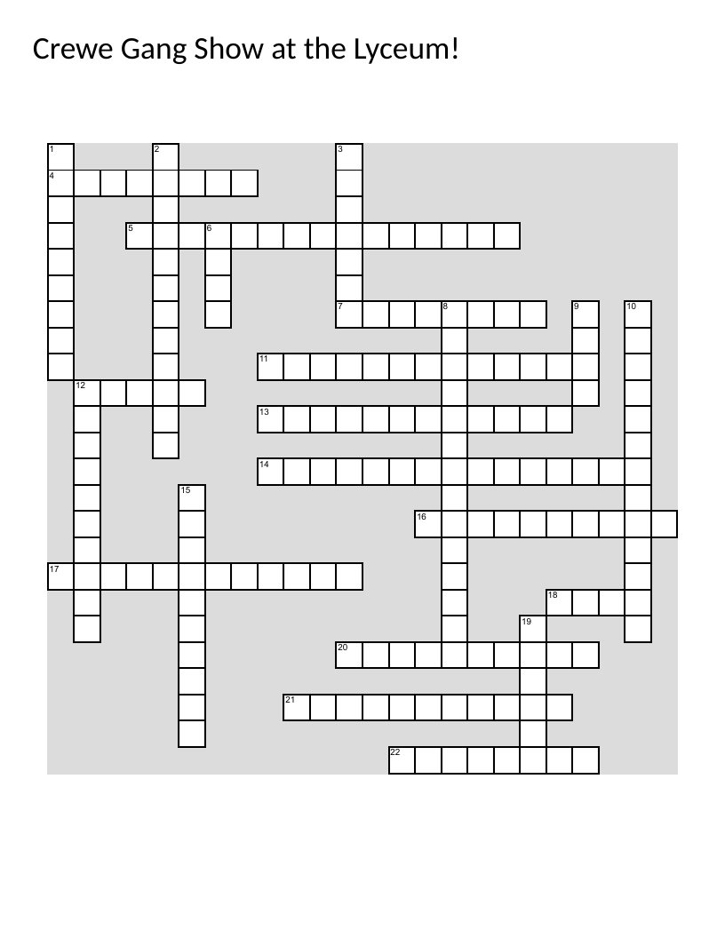 Crewe Gang Show and Lyceum theatre crossword with performing arts and local history clues.