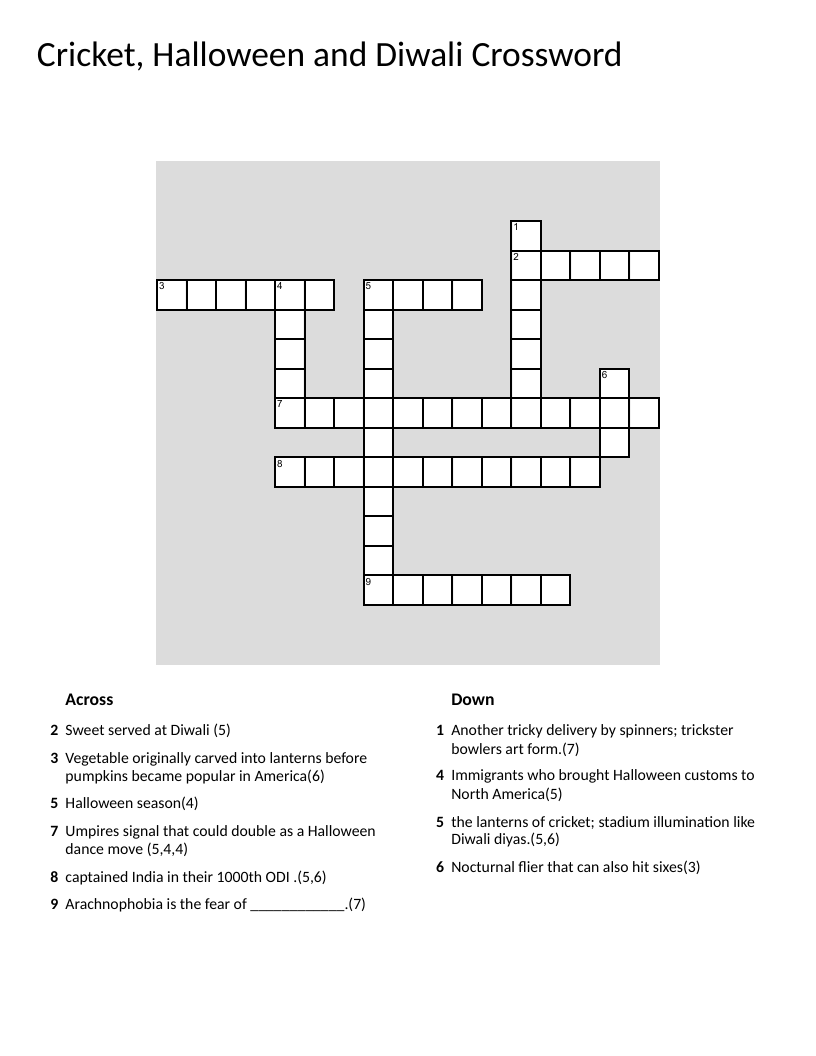 Crossword with Halloween, Diwali, and cricket themes including pumpkins and Indian festival traditions.
