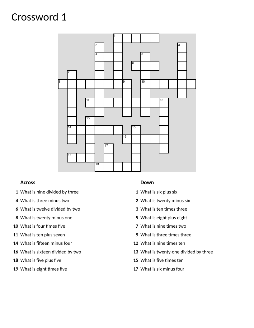 Arithmetic crossword with math facts and number-word answers for early elementary.