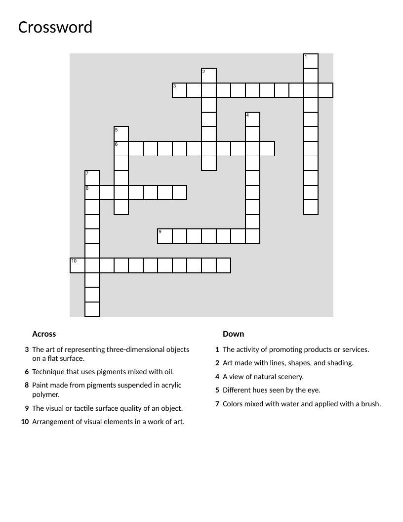 Art fundamentals crossword with vocabulary like perspective, texture, and composition.