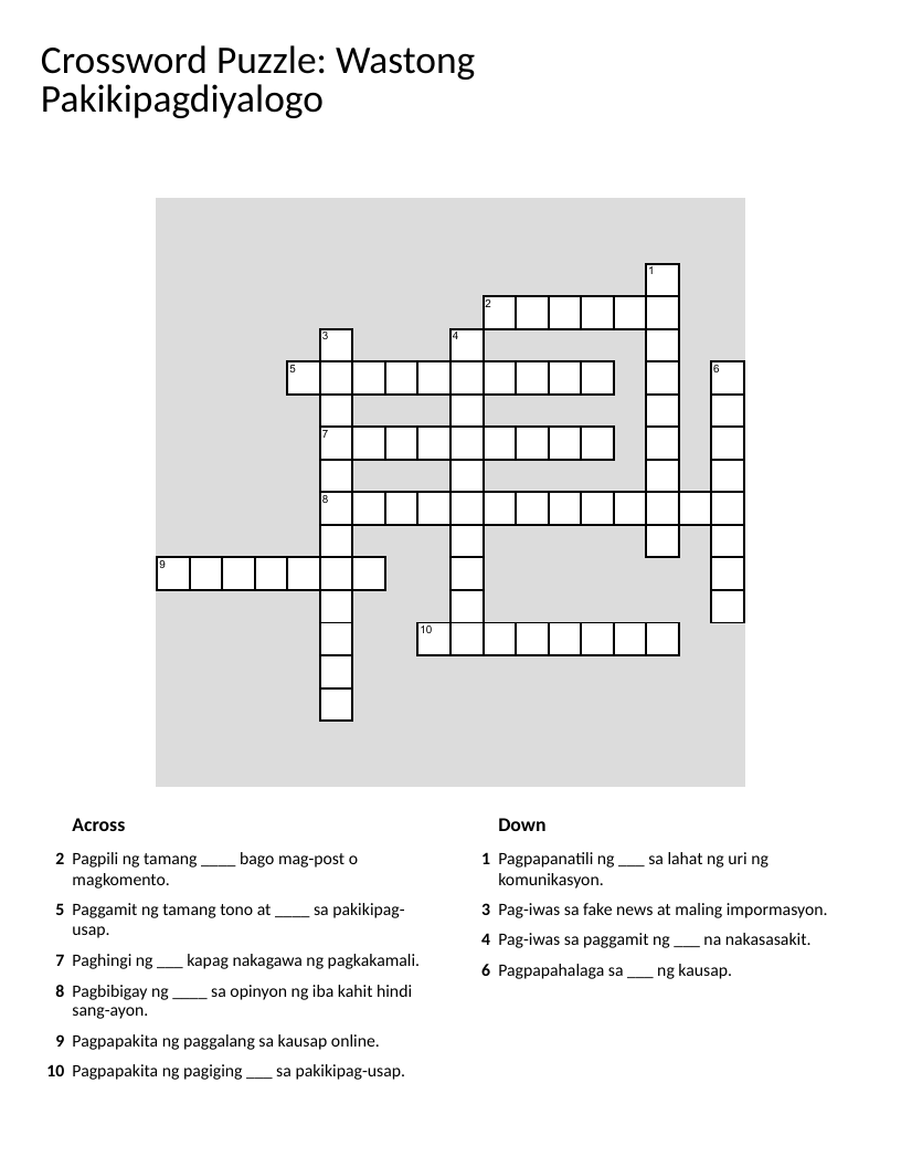 Tagalog crossword on respectful online dialogue and digital citizenship.