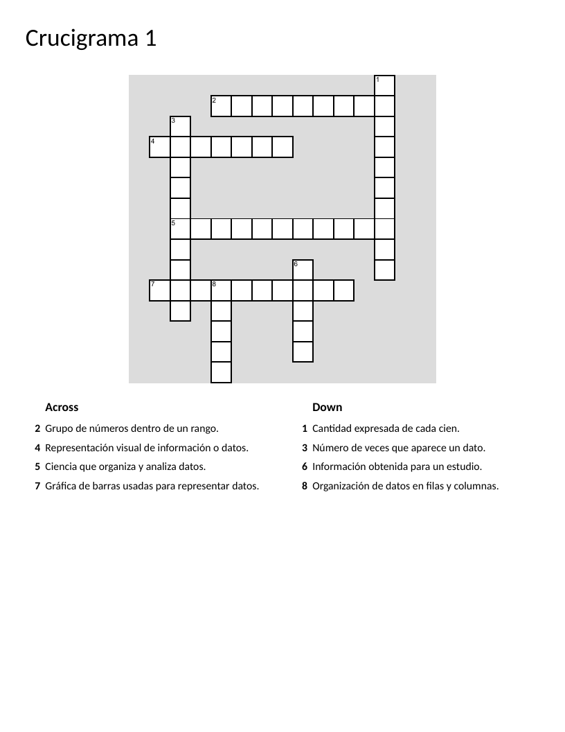 Spanish statistics crossword with terms for histogram, frequency, and data graphs.