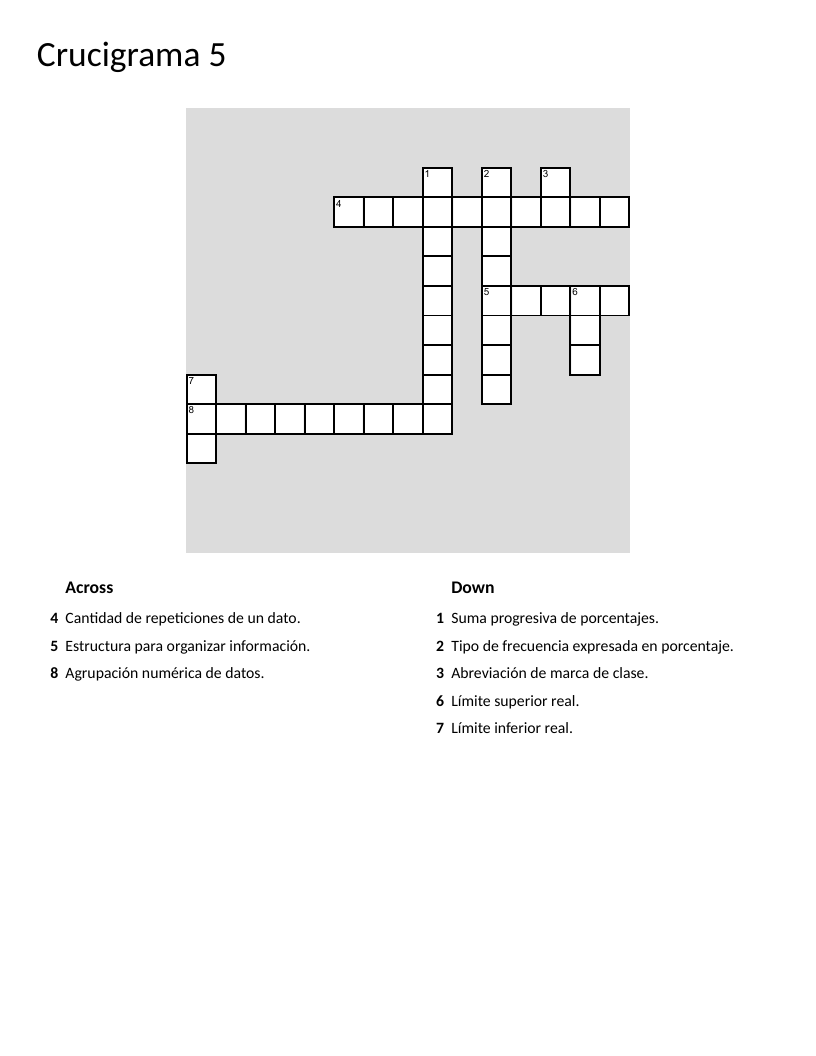Spanish statistics crossword with vocabulary like frequency, interval, and relative frequency.