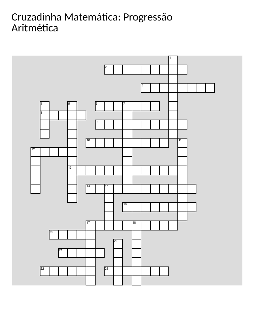 Arithmetic progressions math crossword in Portuguese with sequences and algebra formulas.