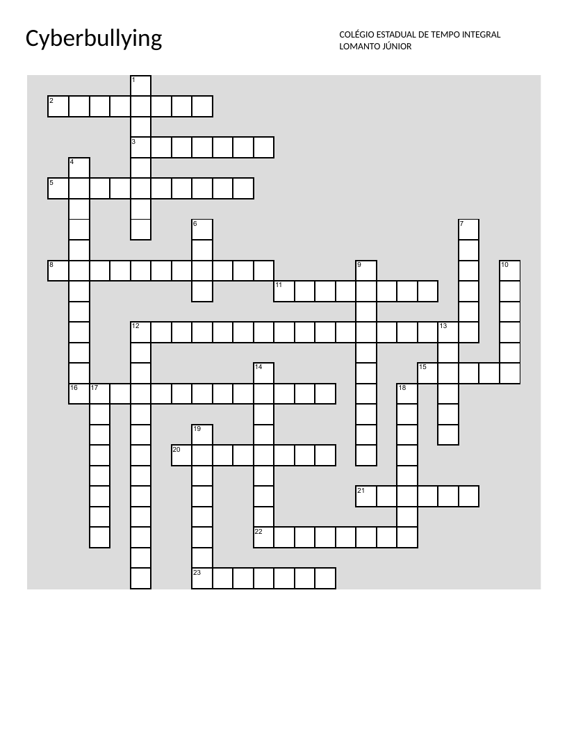Cyberbullying and digital citizenship crossword in Portuguese with vocabulary on empathy, safety, and online respect.