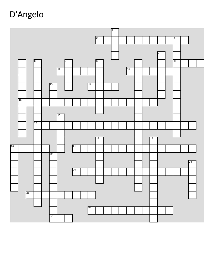 D'Angelo neo-soul music crossword with albums, Grammy awards, and career highlights.