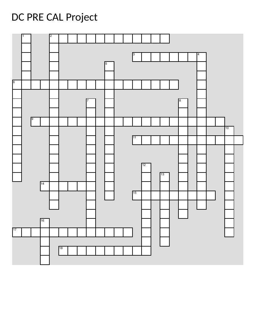 Precalculus crossword with vocabulary including domain, range, and polynomial terms.