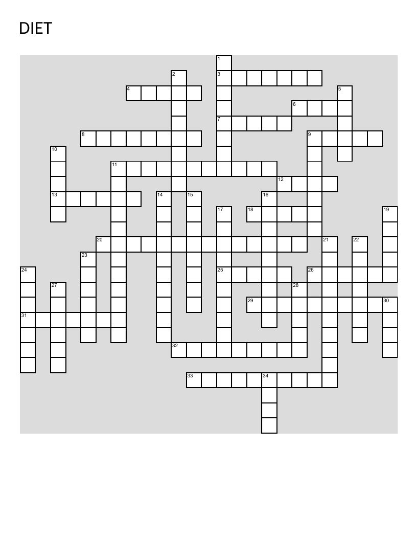 Nutrition and diet vocabulary crossword with terms like protein, carbohydrate, and fiber.