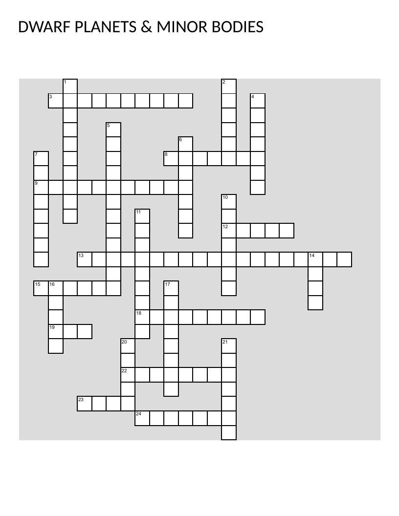 Astronomy crossword on dwarf planets, asteroids, comets, and the Kuiper Belt.